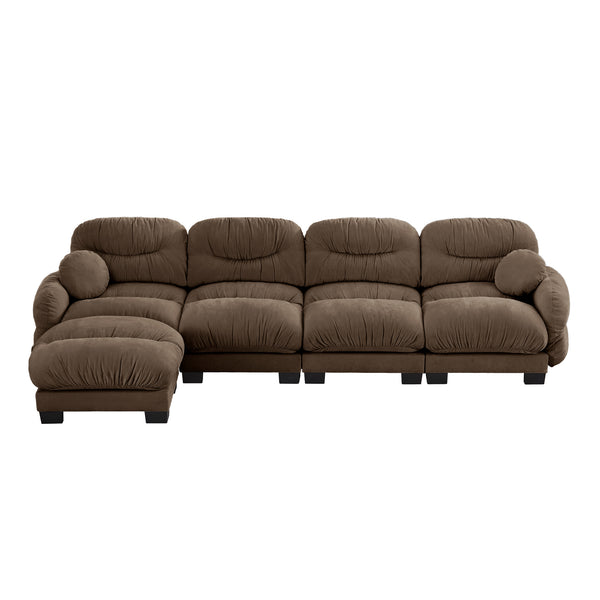 English Elm Pleated Chenille Sectional Sofa with Ottoman Ergonomic Foam Curved Armrests Living Room Brown W5656S00062