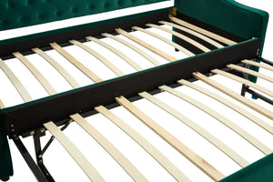 English Elm Twin Velvet Upholstered Daybed with Trundle, V-Pattern Backrest, USB Port, Side Pockets, Sturdy Design Emerald W1361S00043