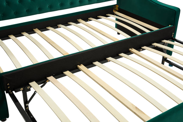 English Elm Twin Velvet Upholstered Daybed with Trundle, V-Pattern Backrest, USB Port, Side Pockets, Sturdy Design Emerald W1361S00043