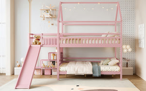 English Elm Full Bunk Bed with Trundle Bookshelf Storage Pine Frame Car Design for Kids Pink W1580S00304