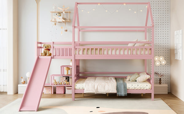 English Elm Full Bunk Bed with Trundle Bookshelf Storage Pine Frame Car Design for Kids Pink W1580S00304