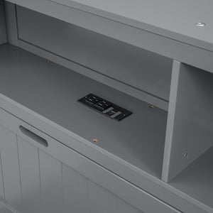 English Elm Wood Full Size Hydraulic Platform Bed with LED Headboard, Charging Station, Hidden Storage Drawers and Shelves Gray GX000371AAE