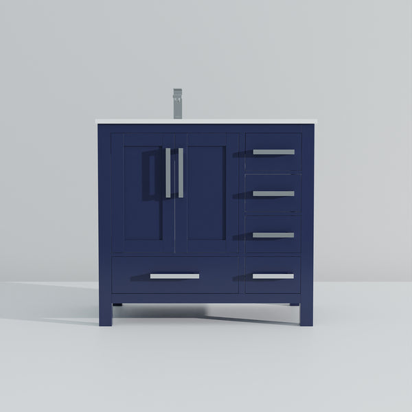 English Elm Navy 36" Bath Vanity with Left White Quartz Top, Soft-Close Drawers, Chrome Faucet, Ample Storage B2731P259055