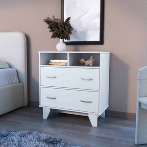 English Elm Portobelo modern two-drawer dresser with open shelves, sturdy top & four legs for stylish storage and display White 36 L x 21 W x 4 H B128S00111