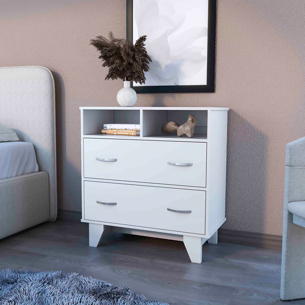 English Elm Portobelo modern two-drawer dresser with open shelves, sturdy top & four legs for stylish storage and display White 36 L x 21 W x 4 H B128S00111