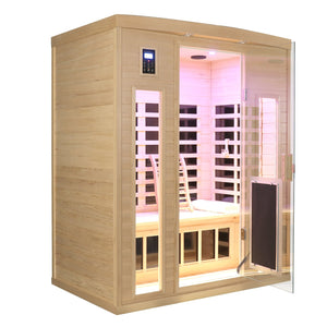 English Elm Low Emf Far Infrared Three Person Hemlock Sauna with Glass Door Heating Panels W632S00030