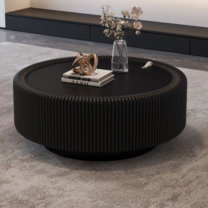 English Elm Black Round Fluted Pu Leather Coffee Table Tempered Glass Top Hidden Storage Modern Black W3081P428980