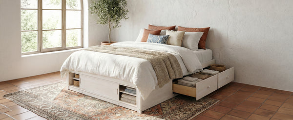 English Elm Queen Platform Bed with Four Storage Drawers Footboard Cubby Modern Low Profile Frame White LP000138AAK