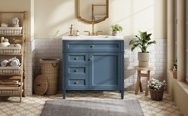 English Elm 36'' Bathroom Vanity With Sink, Modern Indigo Blue Storage Cabinet Featuring 3 Drawers & Adjustable Shelf N710P230246M