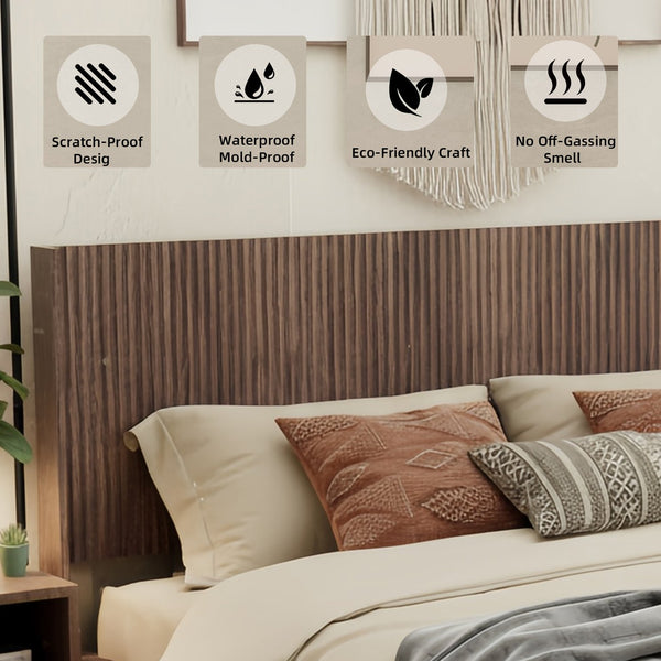 English Elm Wood Fluted Wingback Queen Headboard Walnut Finish Modern Farmhouse Wall Mounted W3520P383457