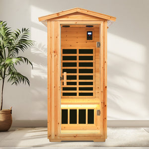 English Elm One Person Outdoor Far Infrared Sauna Aged Fir Wood Spa with Led Audio Panel W632S00013