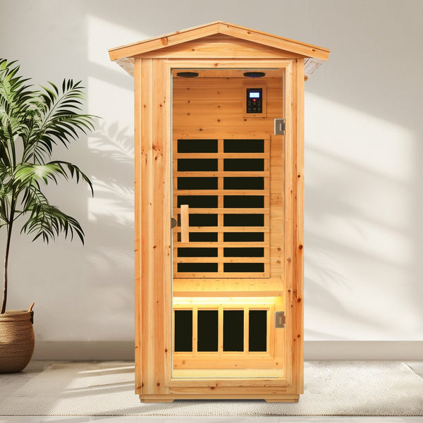 English Elm One Person Outdoor Far Infrared Sauna Aged Fir Wood Spa with Led Audio Panel W632S00013