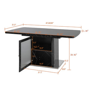 English Elm 47.24"-63"Modern Rectangle Dining Table with Extendable Top, Printed Marble Look, Sturdy Steel Base & Storage Black W757P331963