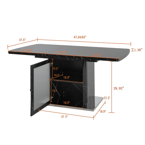 English Elm 47.24"-63"Modern Rectangle Dining Table with Extendable Top, Printed Marble Look, Sturdy Steel Base & Storage Black W757P331963