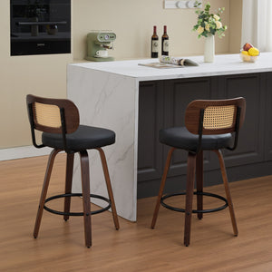 English Elm Set of 2 Rattan Counter Stools with Cane Back and PU Upholstery, 360° Swivel, Walnut Craftsmanship Black W1143P300157