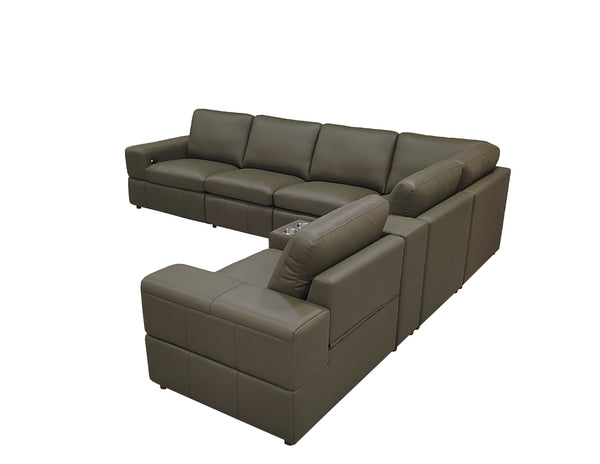 English Elm Premium Leather Match Sectional with Dual Recliners Square Arms and Console Storage Olive Green B2748S00158