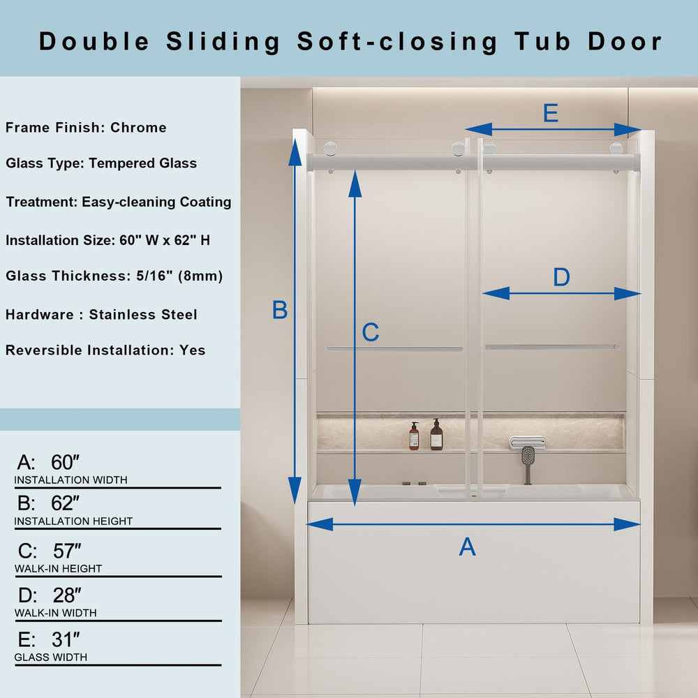 English Elm 56-60 in Frameless Bypass Tub Shower Door Tempered Glass Soft Close Chrome Finish W1573P205868