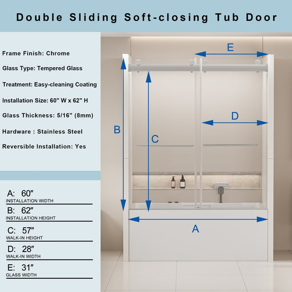 English Elm 56-60 in Frameless Bypass Tub Shower Door Tempered Glass Soft Close Chrome Finish W1573P205868