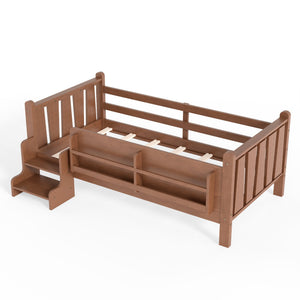 English Elm Twin Pine Floor Bed for Kids with Side Bookcases Built-in Stairs and Safety Guardrails Natural W1580P390215