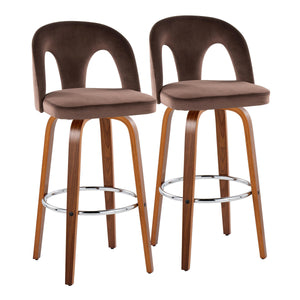 English Elm Fixed-height Swivel Barstools Velvet Seat Walnut Legs Chrome Footrest Set 2 B202S01888