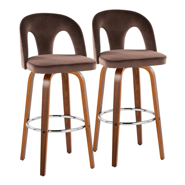 English Elm Fixed-height Swivel Barstools Velvet Seat Walnut Legs Chrome Footrest Set 2 B202S01888