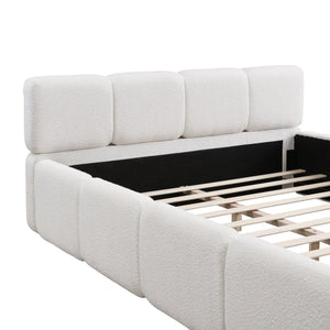 English Elm Queen Boucle Upholstered Platform Bed Low Profile Block Silhouette for Modern Bedroom N757P385459W