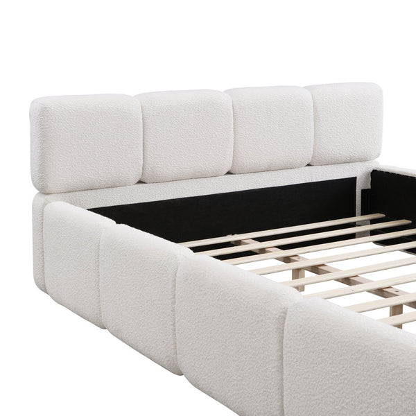 English Elm Queen Boucle Upholstered Platform Bed Low Profile Block Silhouette for Modern Bedroom N757P385459W
