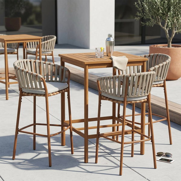 English Elm Lodi Outdoor Woven Pe Rope Barstools with Iron Frame Resort Style Set of 4 N775P268025T-S4