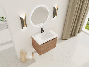 English Elm 28'' Wall-Mounted Bathroom Vanity with Ceramic Sink, Soft-Close Door, Plywood Durability & Space-Saving Design Imitative Oak W999P317929