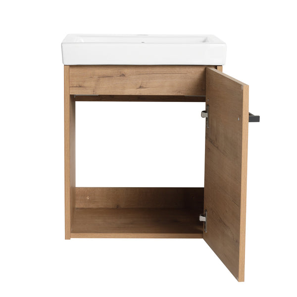 English Elm 18'' Floating Wall-Mounted Bathroom Vanity with Ceramic Sink, Soft-Close Door & Space-Saving Design Imitative Oak W999P236339