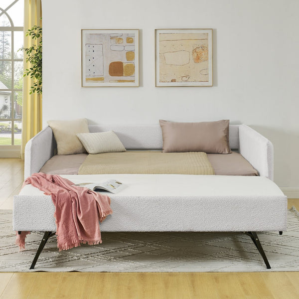 English Elm Daybed With Trundle – Elegant Tufted Full Size Sofa Bed In Beige Boucle, Perfect For Guests & Relaxing W1413S00093