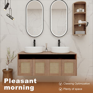 English Elm 48" Floating Bathroom Vanity Dual Ceramic Vessel Sinks Oak Finish Soft Close Doors W999S00504