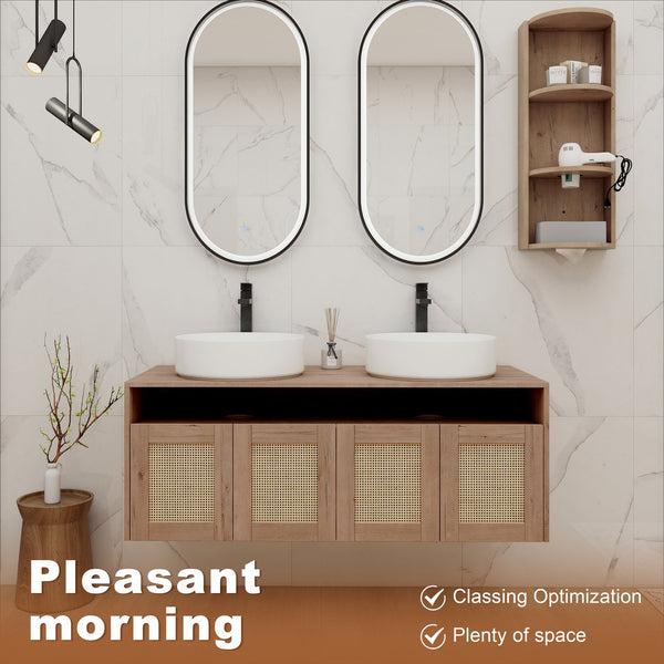 English Elm 48" Floating Bathroom Vanity Dual Ceramic Vessel Sinks Oak Finish Soft Close Doors W999S00504