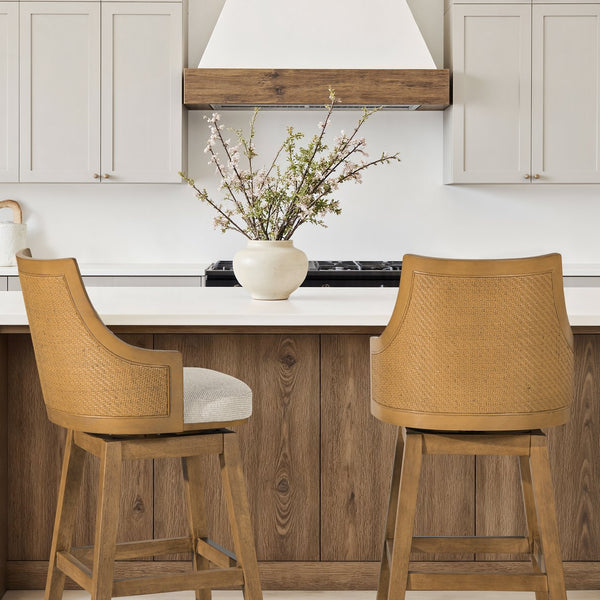 English Elm Jennifer Taylor Home - Bahama 30" Cane Rattan High-Back Swivel Bar Stool – Handcrafted Rubberwood, Wool-Poly Blend Upholstery, Brass Footrest Beige B2719P395567