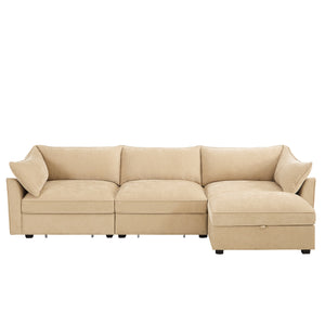 English Elm L-Shaped Modular Sofa With Movable Footstool, Cozy Crescent Armrests, Wheat Chenille Elegance W3041S00176