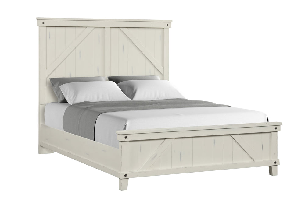 English Elm King Industrial Farmhouse Bed with Built-In Bluetooth Speakers, USB Charging and LED Reading Lights White 85 L x 26 W x 5.25 H B2699S00055