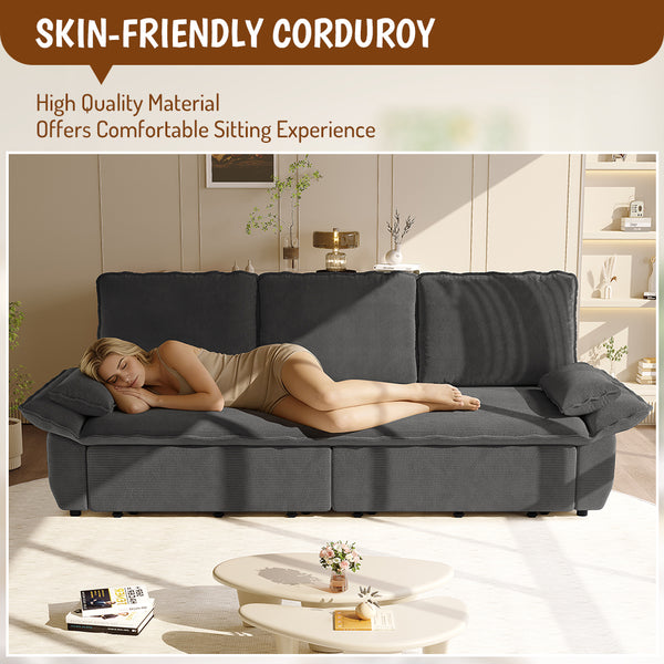 English Elm 94.5" King Convertible Sleeper Sofa Corduroy Upholstered Chaise Lounge Guest Room Bed Grey W1885S00308