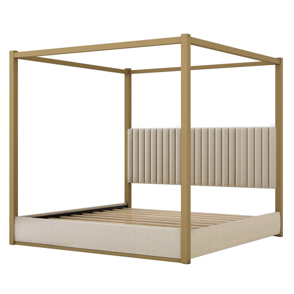 English Elm King Velvet Upholstered Four Poster Canopy Bed White Modern Bedroom Frame N7090002405A
