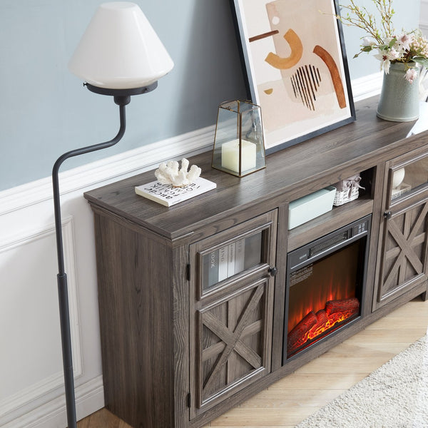 English Elm 2 Door Farmhouse Tv Console with Electric Fireplace Barn Style Grey Finish 60 Inch W1758S00025