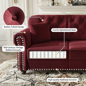 English Elm Upholstered Velvet Chesterfield Sofa with Button Tufting Nailhead Trim and Ottoman Burgundy W1885S00396