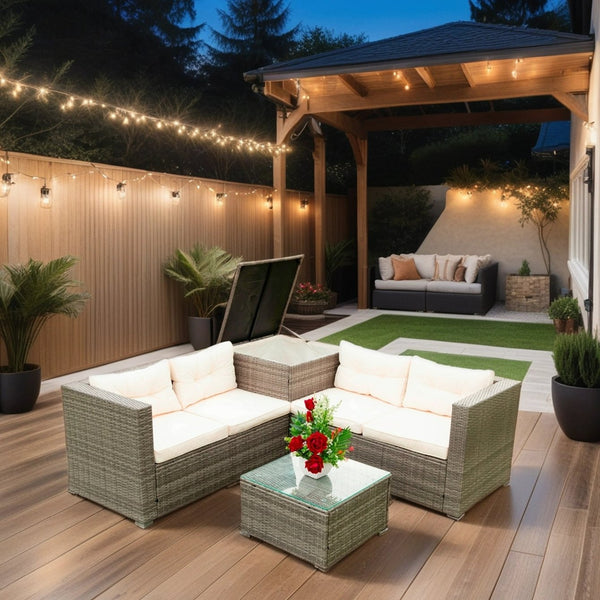 English Elm 4 Piece Patio Sectional Set - Modular Wicker Rattan Sofa With Soft Cushions & Convenient Storage Box W329S00033