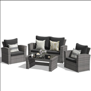 English Elm 4-piece Outdoor Wicker Conversation Set with Tempered Glass Table and Resort Style Black+Brown B082S00058