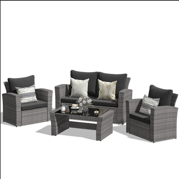 English Elm 4-piece Outdoor Wicker Conversation Set with Tempered Glass Table and Resort Style Black+Brown B082S00058