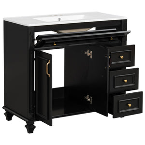 English Elm 36" Modern Bathroom Vanity with Ceramic Sink, Gold Handles, Flip-Out Drawer & Soft-Close Doors Black N725P283623B