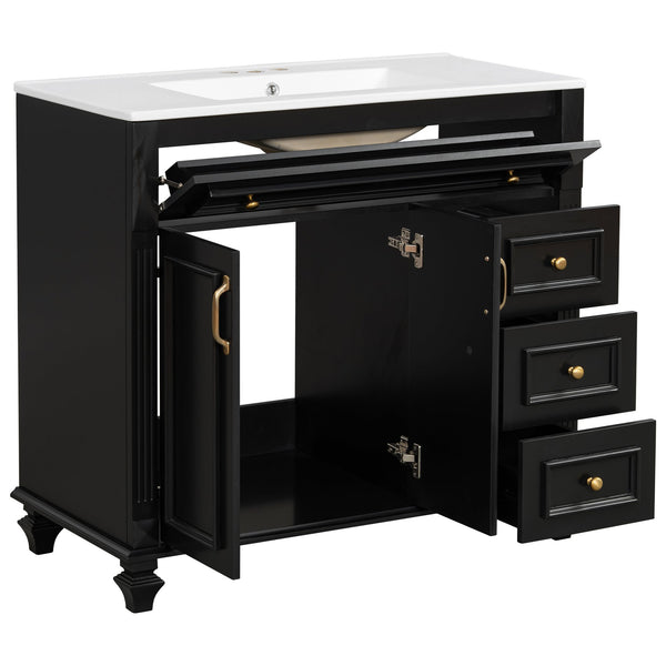 English Elm 36" Modern Bathroom Vanity with Ceramic Sink, Gold Handles, Flip-Out Drawer & Soft-Close Doors Black N725P283623B