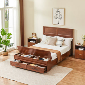 English Elm Queen Storage Bed with Geometric 3d Headboard Four Drawers and Walnut Finish W1820S00045