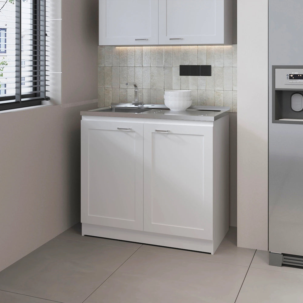 English Elm White 36" Sink Base Cabinet with Integrated Sink, Double Doors & Interior Shelf for Organized Kitchens B062S00626