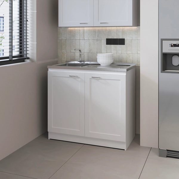 English Elm White 36" Sink Base Cabinet with Integrated Sink, Double Doors & Interior Shelf for Organized Kitchens B062S00626