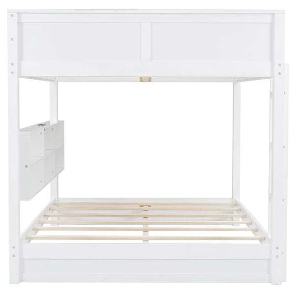 English Elm Queen Over Bunk Bed Solid Pine Cabin Frame with Storage and Usb Charging White GX000399AAK