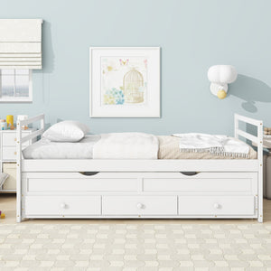 English Elm Twin Twin Size Bed with Trundle and Three Storage Drawers, Space-Saving Pine Frame with Classic Headboard White W504P197162
